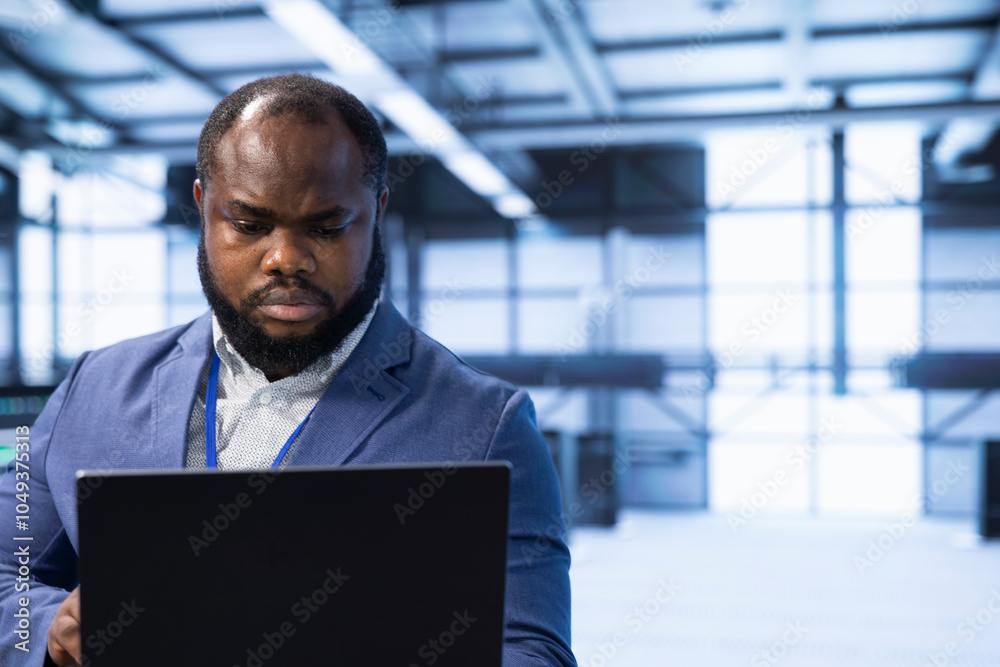 Poster data center engineer ensuring safety and security of database. server room worker preventing unautho