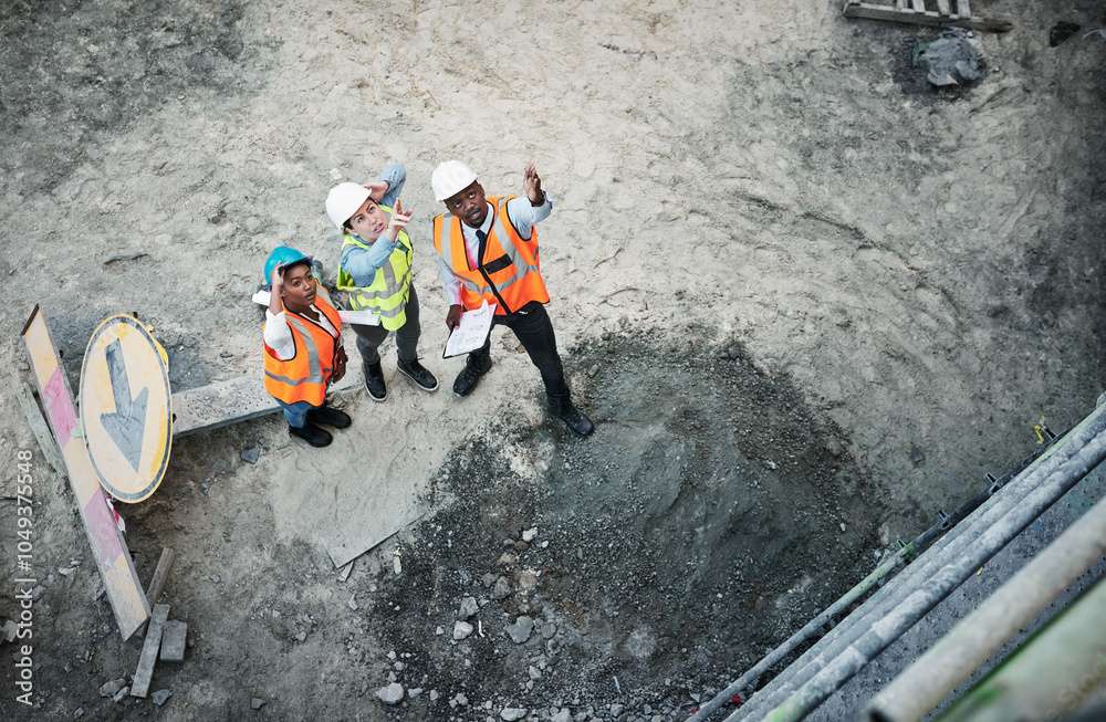 Poster tablet, construction site and people with pointing and above building check, engineering and scaffol