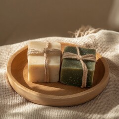 Natural handmade soaps displayed on a wooden plate against a soft fabric background in warm afternoon light