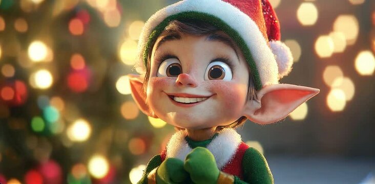 Animated elf cheerfully expressing joy with holiday lights