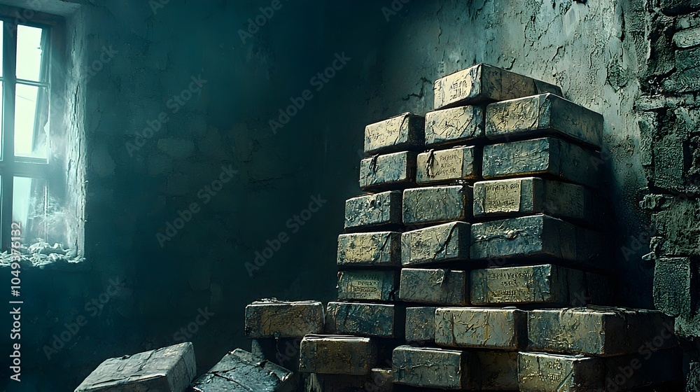 Poster Stacks of shiny metallic zinc ingots neatly arranged in a dimly lit textured warehouse setting with old brick walls and a single window creating an industrial