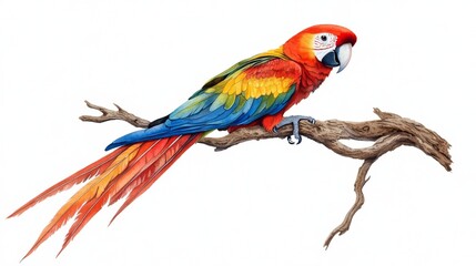 Obraz premium Colorful Scarlet Macaw Parrot Perched on Branch Illustration