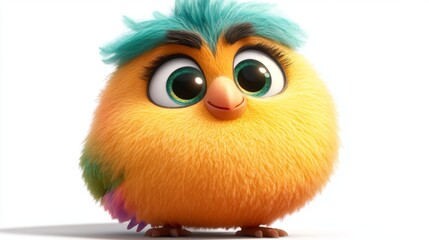 Naklejka premium Cute Yellow Bird Cartoon Character with Blue Hair and Big Eyes