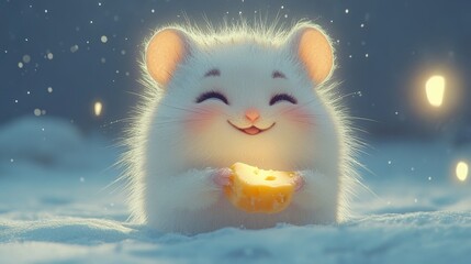 Naklejka premium Cute White Mouse Holding Cheese in Winter Wonderland