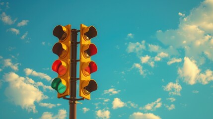 Yellow Traffic Lights Against Blue Sky and Clouds