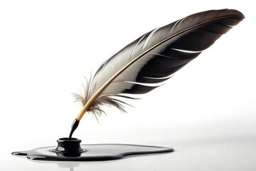 A steady stream of black ink drips from a white quill onto a smooth surface, capturing the essence of creativity and expression in a minimalistic setting., stunning, visual, black