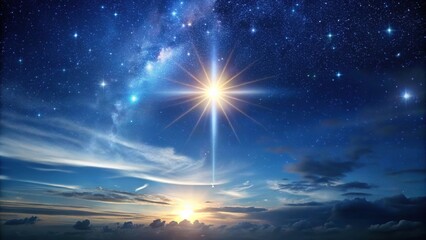 A star shining brightly in a clear night sky with a few wispy clouds scattered around the horizon, shining, galaxy, space, astronomy
