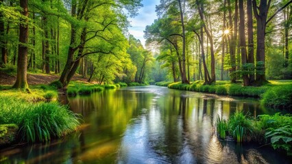 Obraz premium A tranquil river flowing through a peaceful forest, surrounded by tall trees and aquatic plants, aquatic life, riverbank, nature photography, waterway