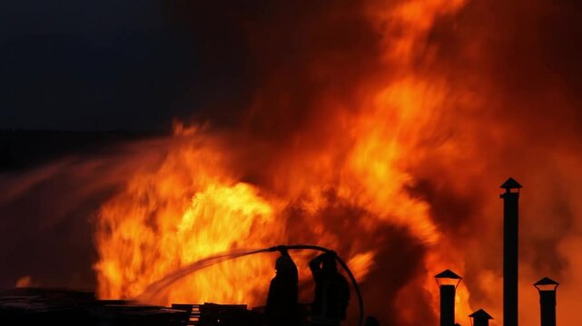 Firefighters extinguish burning industrial building in the city