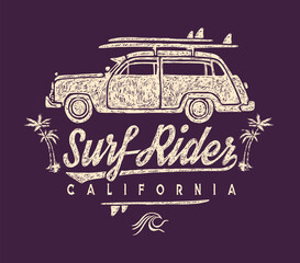 Failed and aged drawing of a surfer's car in a composition with lettering.