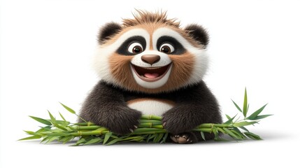 Obraz premium Cute Cartoon Panda Holding Bamboo Adorable Animal Character Illustration
