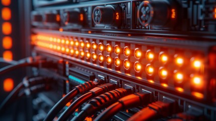 Naklejka premium Close-up of an industrial network switch with glowing orange lights, connected to multiple black cables and wires in the background