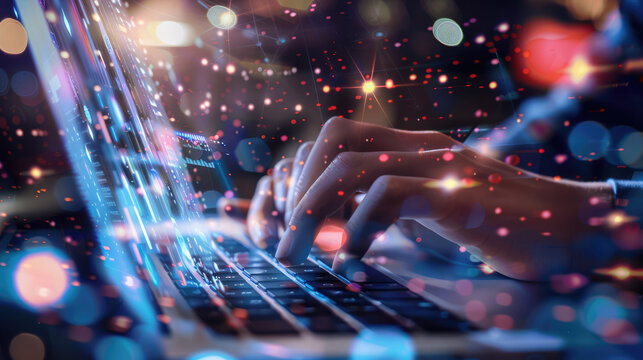 HANDS ARE TYPING ON LAPTOP WORKING ON THE DATA ANALYSIS 