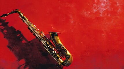 Naklejka premium A Golden Saxophone with a Shadow Against a Red Background
