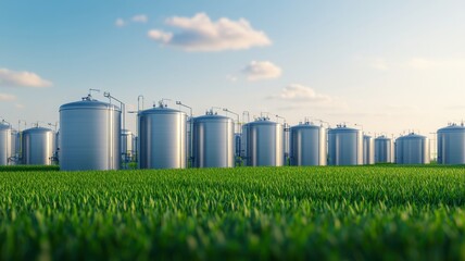 Fototapeta premium A row of industrial storage tanks in a green field under a clear blue sky, showcasing modern agricultural infrastructure.
