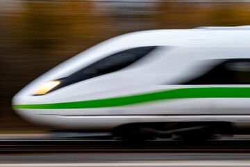 Obraz premium A high-speed train moving through the countryside with blurred scenery in the background, showcasing the efficiency and speed of modern rail travel.