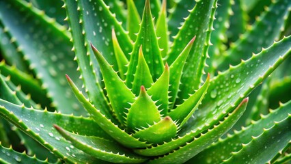 A close-up photo of a healthy aloe vera plant with thick green leaves, succulent, botanical, medicinal, plant, soothing, skincare