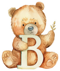 PNG Watercolor bear holding letter B cute illustration children's.