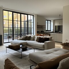 Fototapeta premium The decoration of this living room has a Scandinavian touch and a large glass door on one side.