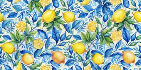 Watercolor seamless pattern with lemons and blue patterns, vintage print, watercolor, seamless, pattern, lemons, blue, vintage