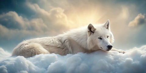 Naklejka premium Tranquil white wolf resting on soft cloud