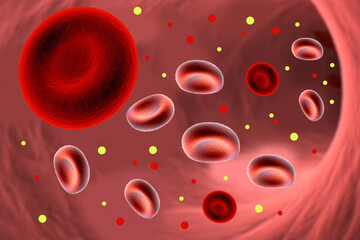 3D illustration of a group of blood cells flowing through an artery.