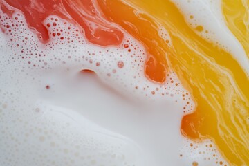 Creamy milk being added to fruity smoothie for rivalry and blending.