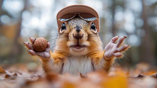A cute squirrel wearing sunglasses and a hat holding a nut.