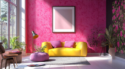 Studio with bright pink wallpaper 