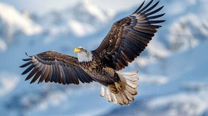 Obraz premium A bald eagle in flight with snow-capped mountains in the background.
