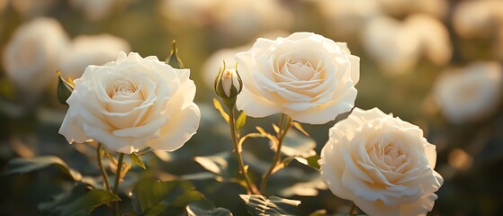 Charming white Iceberg roses adorning a picturesque rose garden, emphasizing the beauty of the Korbin floribunda cultivar by Kordes