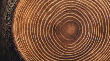 Fototapeta premium Closeup of tree rings in a crosssection of a log, each ring showing a different year of growth.