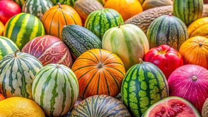 Close-up of a variety of ripe and colorful melons and watermelons, melons, watermelons, fruit, summer, fresh, juicy