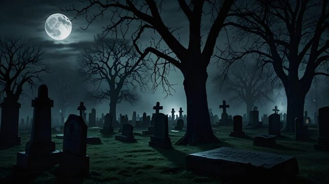 A haunting graveyard blanketed in fog under a full moon, with rows of eerie tombstones and shadowy, twisted trees