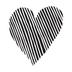 Geometric heart doodle icon. Black contour, diagonal hand-drawn lines, minimalist style. Valentine's, love, amour, romantic, anniversary, wedding