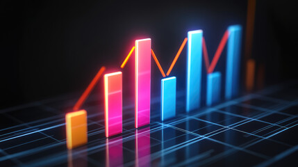 3d rendering of Ai analysis graphs of the financial data on colorful board	on dark blue background 
