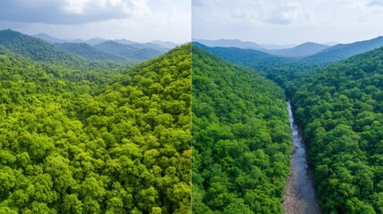 Obraz premium Lush green mountain landscape with dense forest and river aerial view