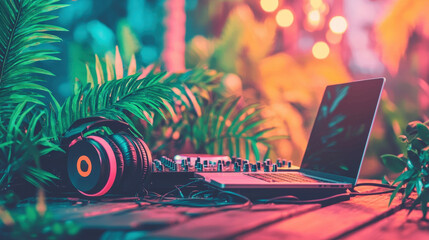 Tropical dj setup with laptop and headphones in lush jungle ambiance