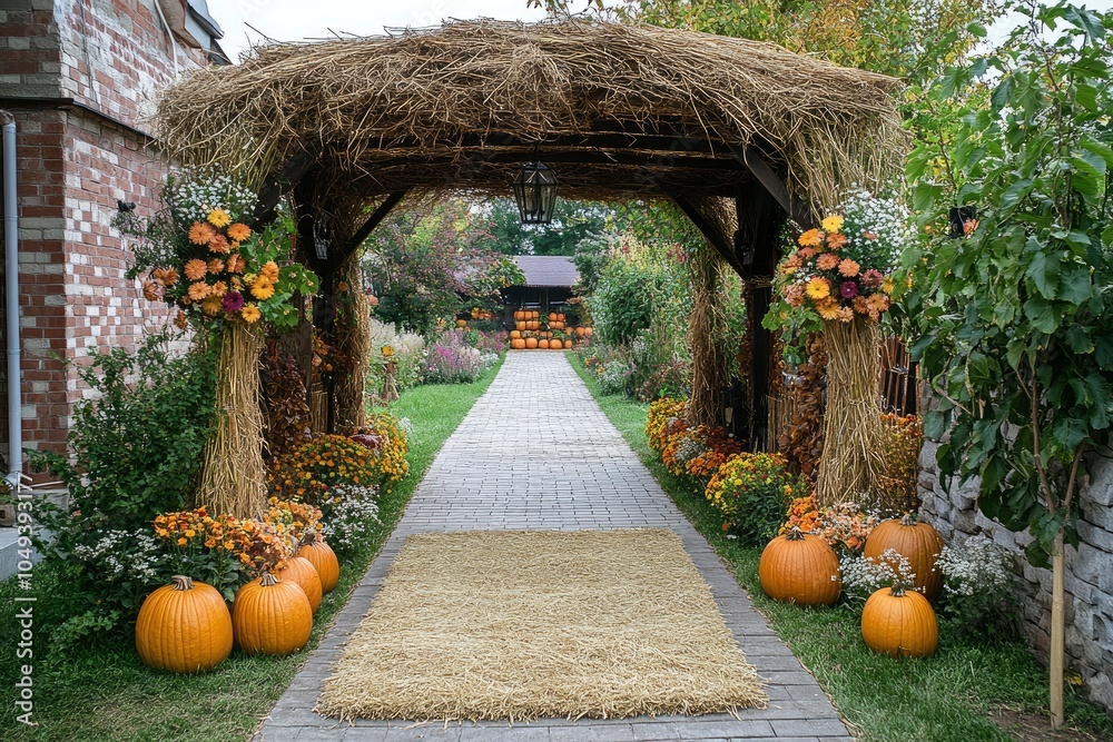 Wall mural autumn outdoor decorations from pumpkins, flowers and hay. street decoration for halloween --ar 3:2 