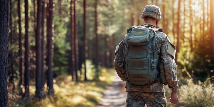 Solitary soldier in gear walks through serene forest, introspective.