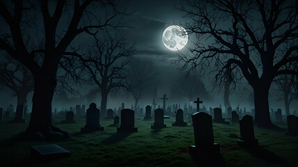 A dark, foggy graveyard at night with eerie tombstones, twisted trees, and a glowing full moon .halloween night scene