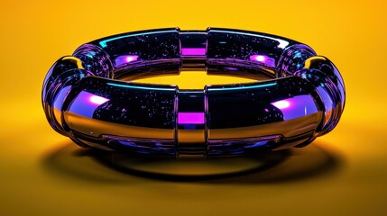 Futuristic metallic torus with vibrant colors on yellow background