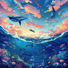 Obraz premium the animation cartoon painting of the world of the sea animal mammals that they are effected by the pollution in the ocean sea water 
