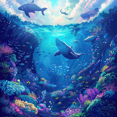 Fototapeta premium the animation cartoon painting of the world of the sea whales animals mammals that they are effected by the pollution in the ocean sea water 