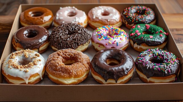 A dozen assorted donuts in a cardboard box.