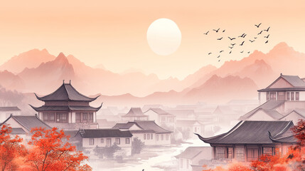 Obraz premium Chinese style ancient town traditional architectural scenery