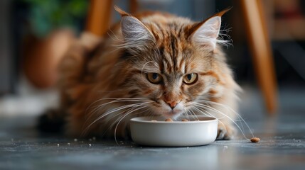A fluffy ginger cat with green eyes is eating from a white bowl on a grey floor.