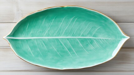 Elegant leaf-shaped ceramic plate on light wooden background
