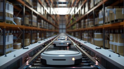 Obraz premium Automated Guided Vehicles Navigating a Warehouse Conveyor System