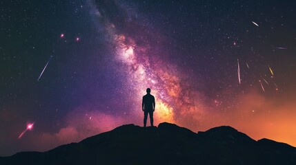 Fototapeta premium A lone figure stands on a mountaintop, silhouetted against the Milky Way and a night sky filled with shooting stars.